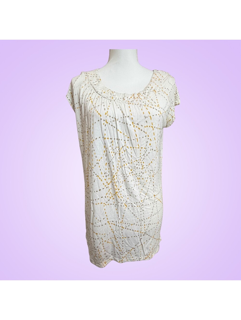 Daisy Fuentes Womens Medium Cream Yellow Brown Abstract Print Tunic Blouse Top